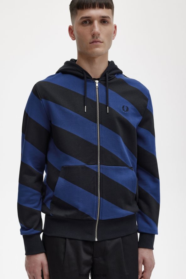 одећу рс Fred Perry мушкарци пругаста дуксерица са капуљачом са патент затварачем црн 68TD6P410