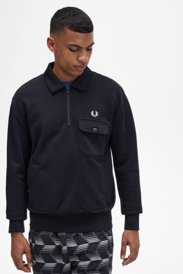 одећу рс Fred Perry мушкарци дукс са полу-рајсфершлусом црн 68TD6P411
