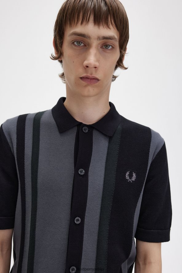 одећу рс Fred Perry мушкарци пругаста плетена кошуља црн 68TD6P434