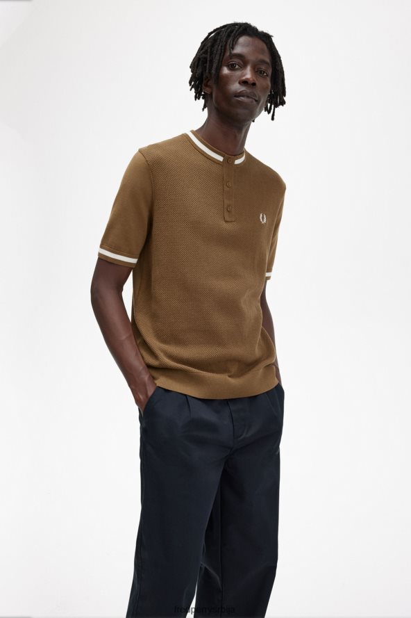 одећу рс Fred Perry мушкарци текстурирани предњи плетени хенлеи осенченог камена 68TD6P453