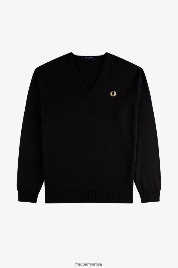 одећу рс Fred Perry мушкарци џемпер с в-изрезом од јагњеће вуне црн 68TD6P463