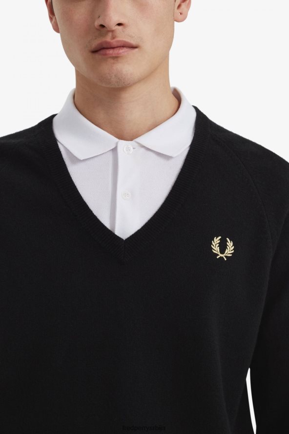 одећу рс Fred Perry мушкарци џемпер с в-изрезом од јагњеће вуне црн 68TD6P463