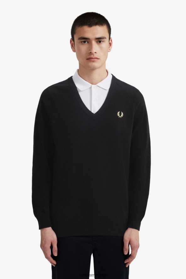 одећу рс Fred Perry мушкарци џемпер с в-изрезом од јагњеће вуне црн 68TD6P463
