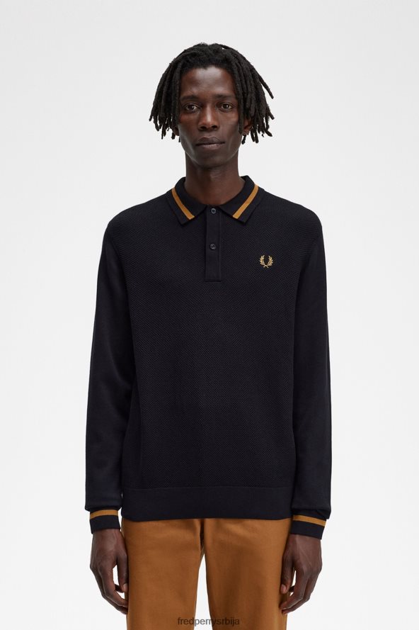 одећу рс Fred Perry мушкарци текстурирана предња плетена кошуља црн 68TD6P472