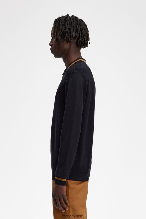 одећу рс Fred Perry мушкарци текстурирана предња плетена кошуља црн 68TD6P472