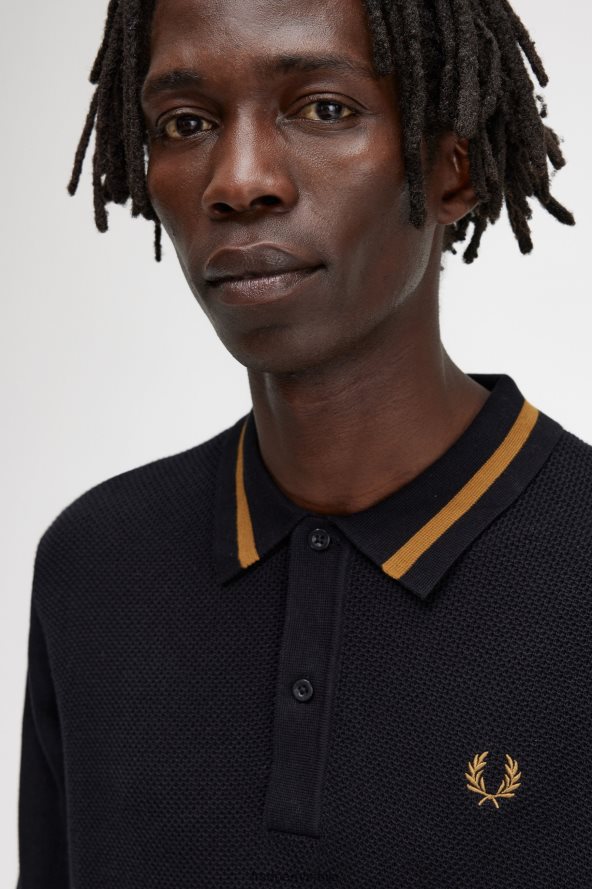 одећу рс Fred Perry мушкарци текстурирана предња плетена кошуља црн 68TD6P472