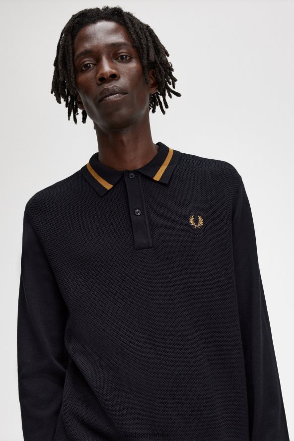 одећу рс Fred Perry мушкарци текстурирана предња плетена кошуља црн 68TD6P472