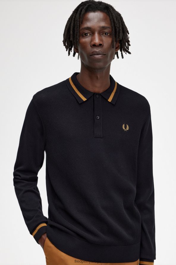 одећу рс Fred Perry мушкарци текстурирана предња плетена кошуља црн 68TD6P472